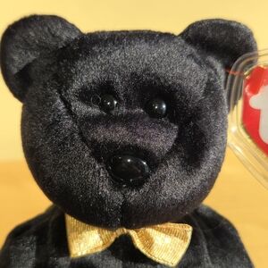 Ty Beany Baby Y2K Black Plush Bear with Gold Bow Tie - Rare